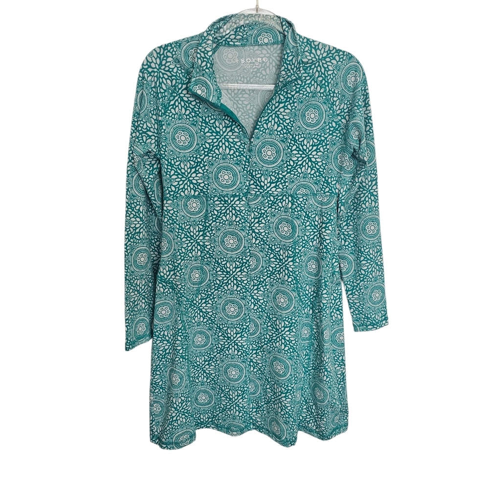 Soybu Dress size Medium Green White 1/4 Zip Long Sleeve Athletic Dress